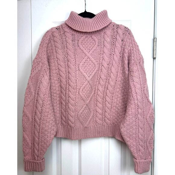 Vtg Laura Ashley Women's M/L Pink Cable Knit Turtleneck Sweater Chunky Boxy - Picture 1 of 11